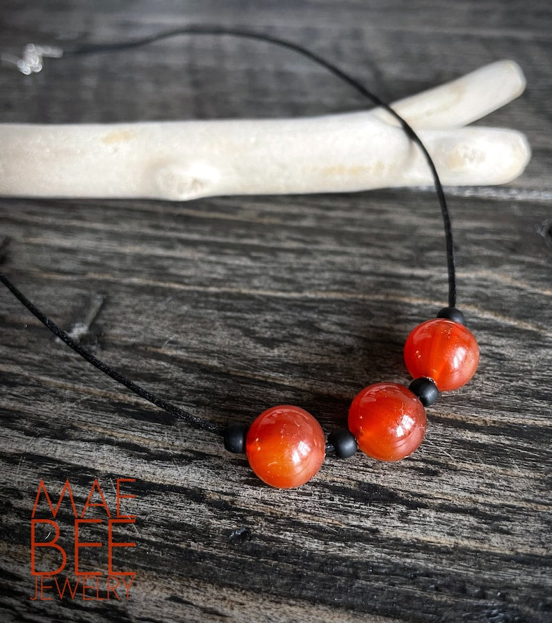 Carnelian Beaded Leather Necklace: Sterling Silver Clasp, Zen Jewelry