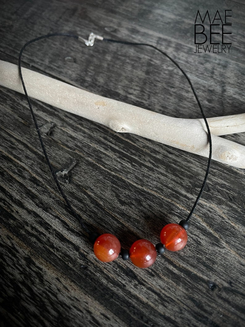 Carnelian Beaded Leather Necklace: Sterling Silver Clasp, Zen Jewelry