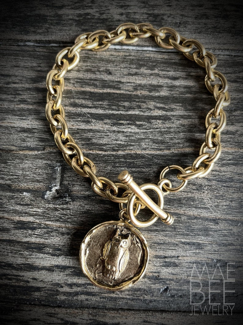 Gold Owl Charm Bracelet: Chunky Chain, USA Plated Jewelry