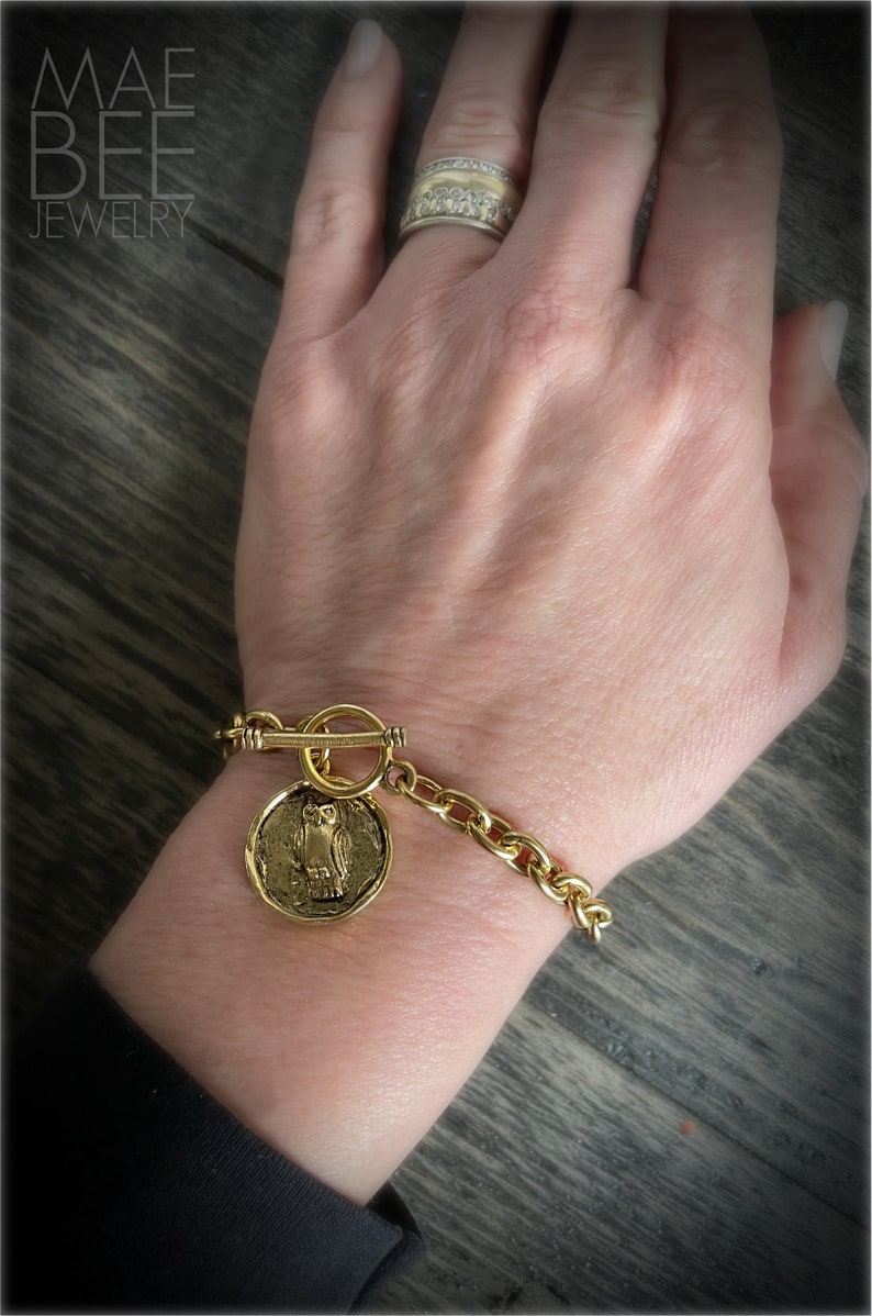 Gold Owl Charm Bracelet: Chunky Chain, USA Plated Jewelry