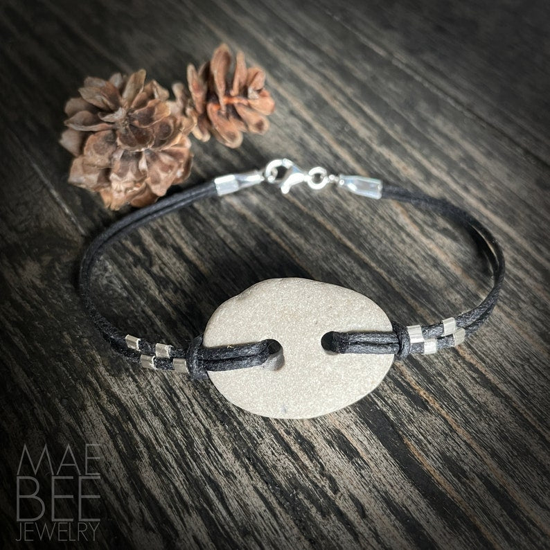 Beach Rock Bracelet: Sterling Silver, Waxed Cotton Cord