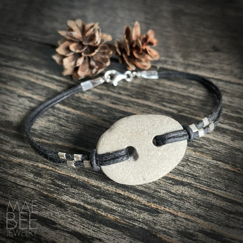 Beach Rock Bracelet: Sterling Silver, Waxed Cotton Cord