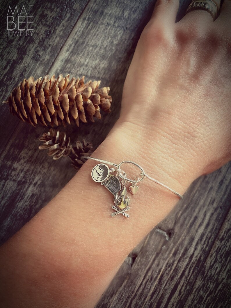 Camping Charm Bracelet, Mountain Charm bangle, sterling silver bracelet, gift for her, anniversary gift, gift for woman, bridesmaid gift