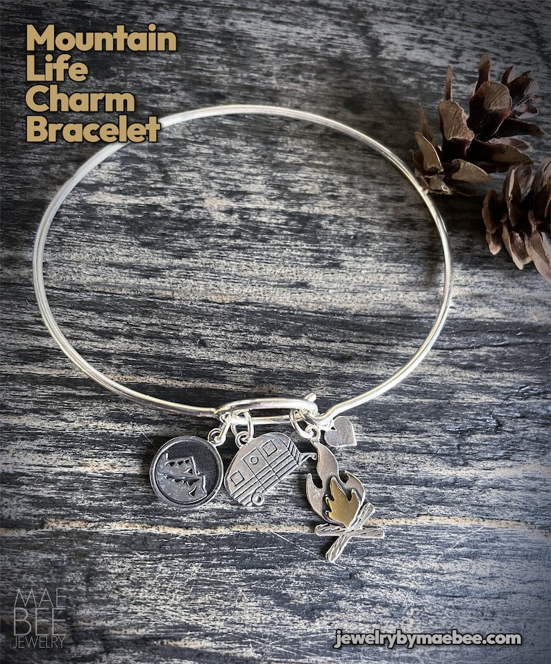 Camping Charm Bracelet, Mountain Charm bangle, sterling silver bracelet, gift for her, anniversary gift, gift for woman, bridesmaid gift