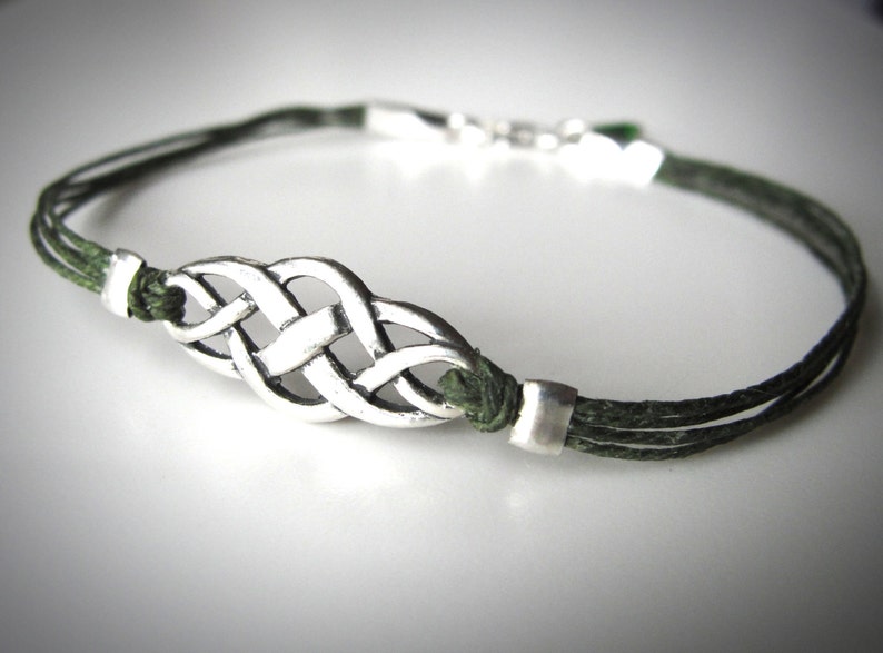 Sterling Silver Celtic Knot Bracelet: Green Irish Linen Cord - Number One Seller