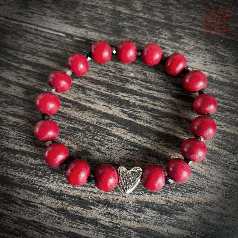Beaded Heart Bracelet: Sterling Silver, Red or Black Wood Beads