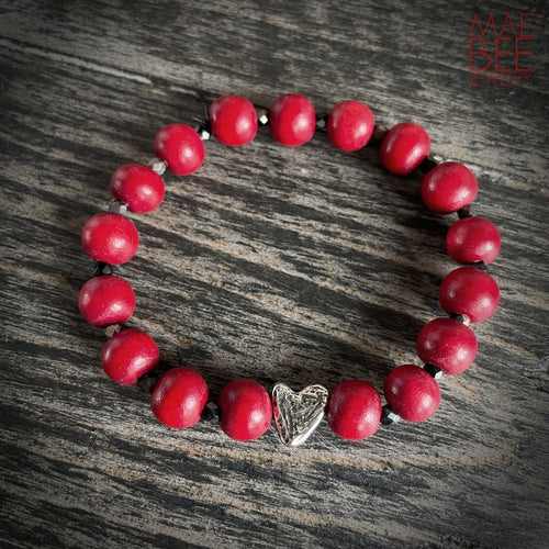 Beaded Heart Bracelet: Sterling Silver, Red or Black Wood Beads