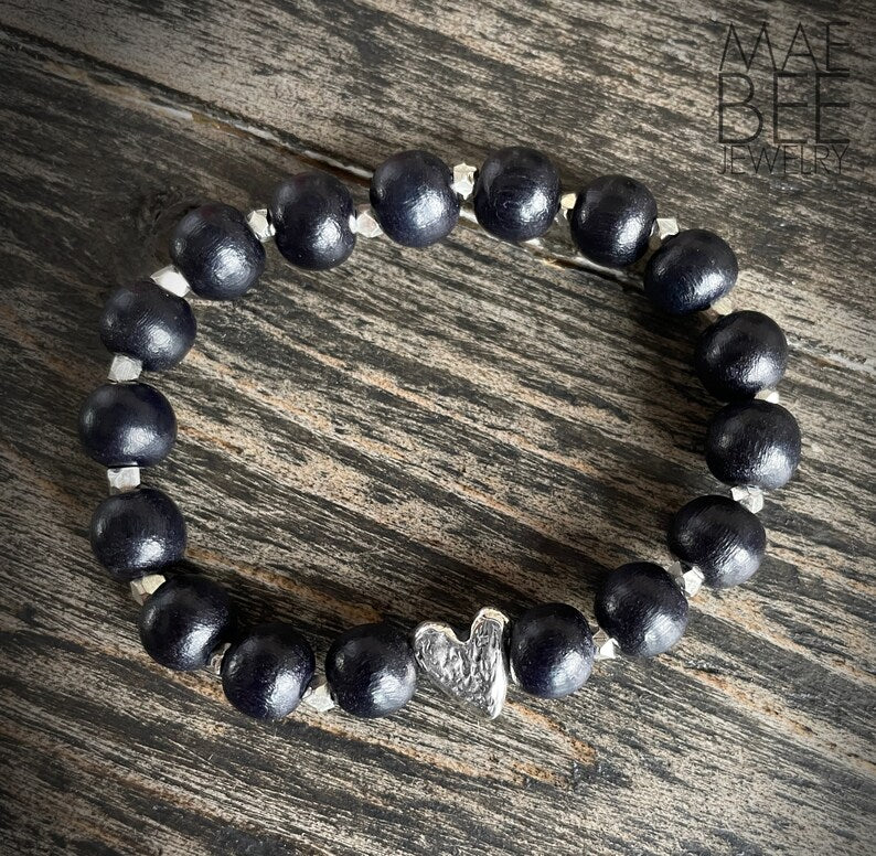 Beaded Heart Bracelet: Sterling Silver, Red or Black Wood Beads