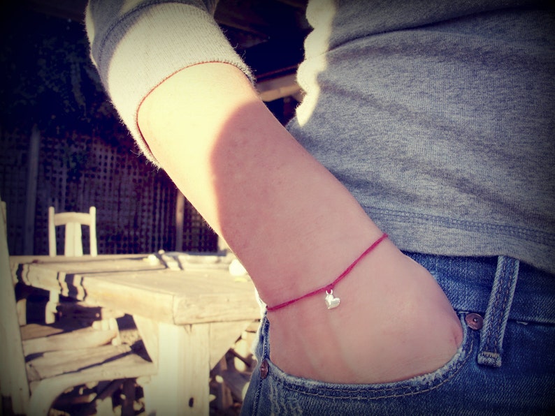 Sterling Silver Heart Bracelet: Red Waxed Linen Cord