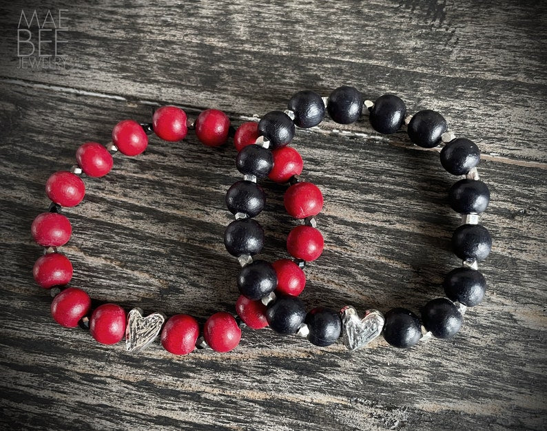 Beaded Heart Bracelet: Sterling Silver, Red or Black Wood Beads