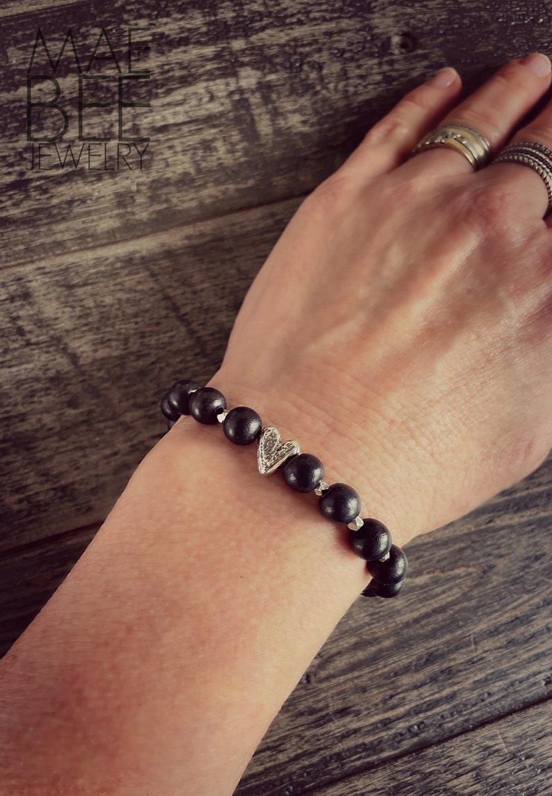 Beaded Heart Bracelet: Sterling Silver, Red or Black Wood Beads