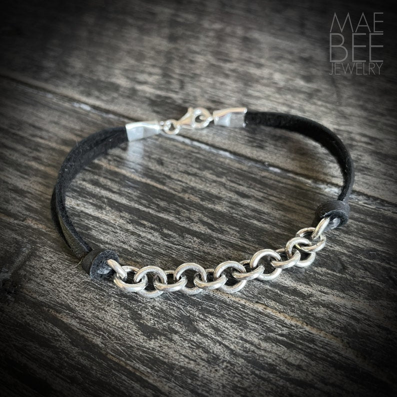 Sterling Silver Chain & Black Leather Bracelet - 7"