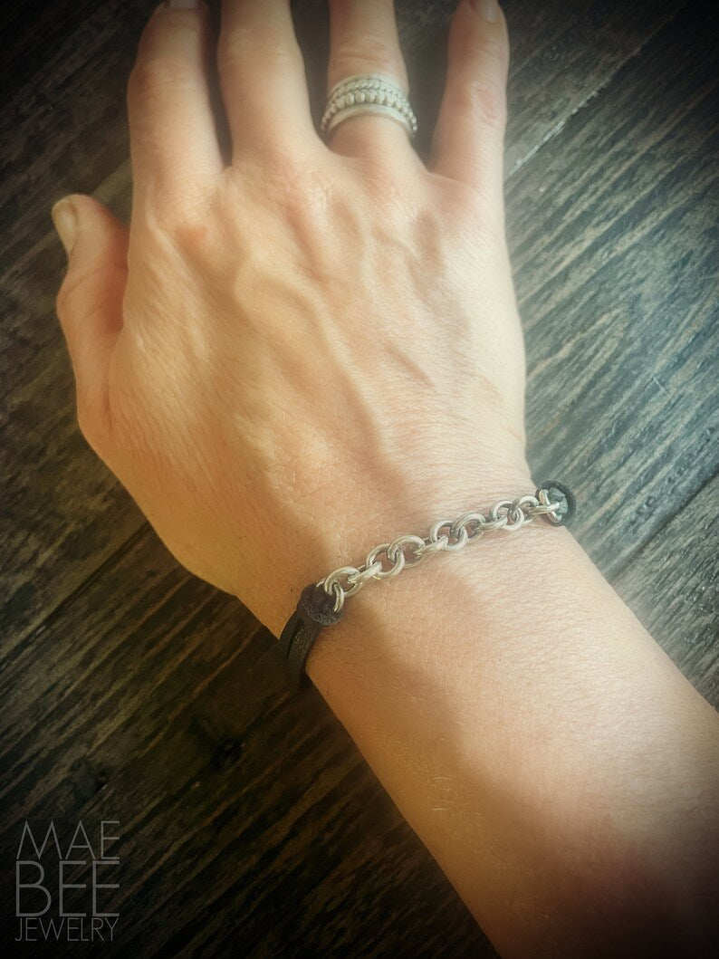 Sterling Silver Chain & Black Leather Bracelet - 7"