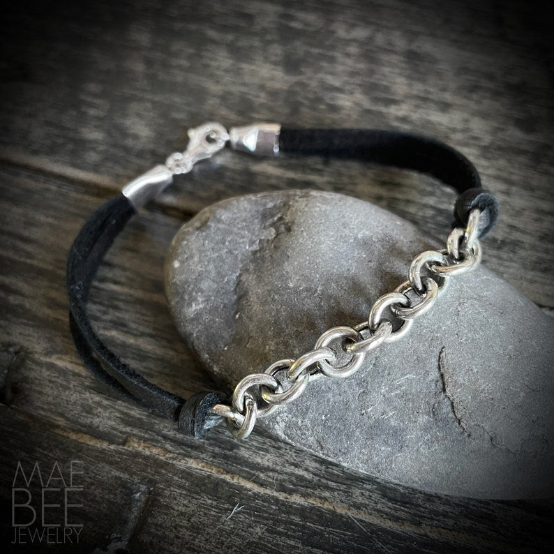 Sterling Silver Chain & Black Leather Bracelet - 7"