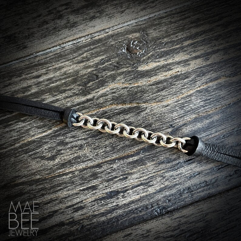 Sterling Silver Chain & Black Leather Bracelet - 7"