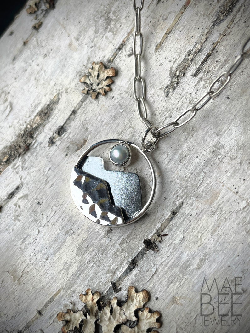 Silver Mountain necklace, sterling silver necklace, pearl moon necklace, hiker jewelry, graduation gift, gift for her, festival jewelry