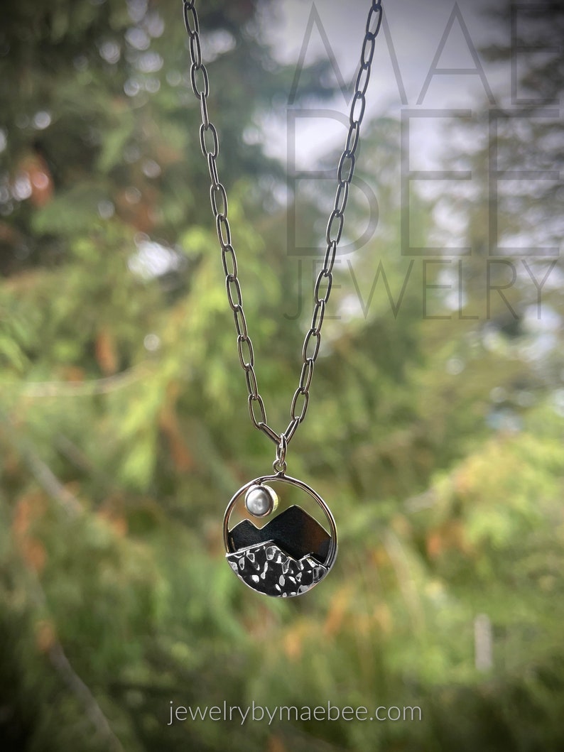 Silver Mountain necklace, sterling silver necklace, pearl moon necklace, hiker jewelry, graduation gift, gift for her, festival jewelry