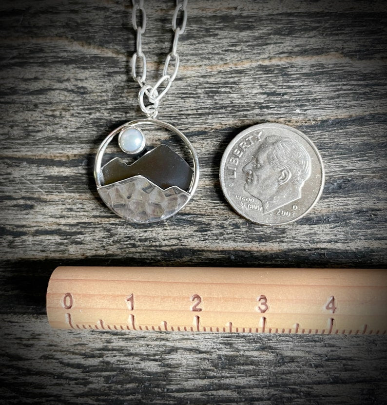 Silver Mountain necklace, sterling silver necklace, pearl moon necklace, hiker jewelry, graduation gift, gift for her, festival jewelry