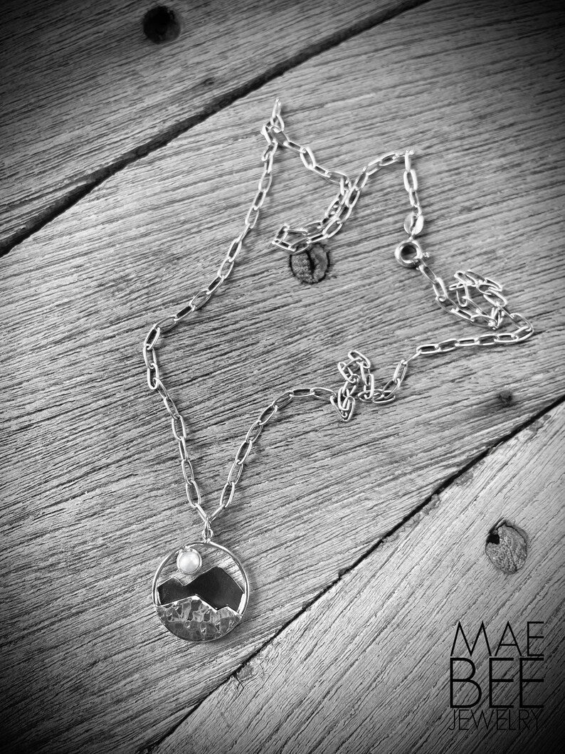 Silver Mountain necklace, sterling silver necklace, pearl moon necklace, hiker jewelry, graduation gift, gift for her, festival jewelry