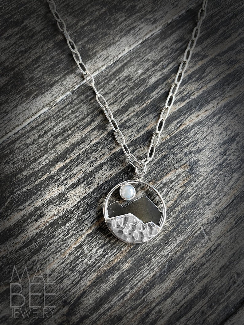 Silver Mountain necklace, sterling silver necklace, pearl moon necklace, hiker jewelry, graduation gift, gift for her, festival jewelry