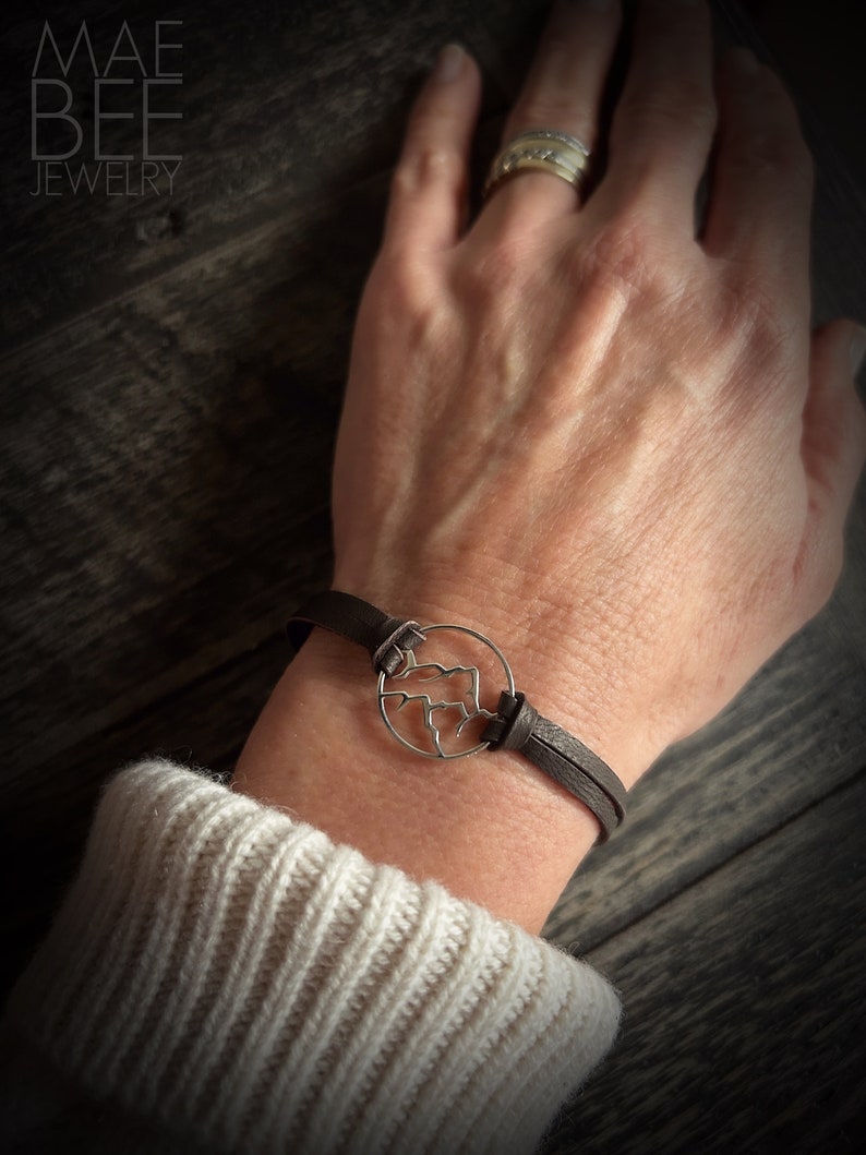 LAST ONE - Sterling Silver Mountain Range Leather Bracelet: Hiker Jewelry