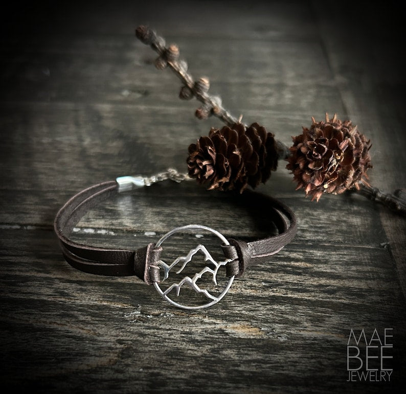 LAST ONE - Sterling Silver Mountain Range Leather Bracelet: Hiker Jewelry