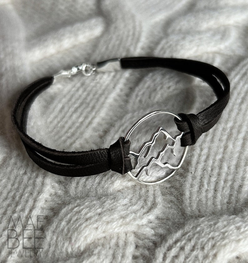 LAST ONE - Sterling Silver Mountain Range Leather Bracelet: Hiker Jewelry