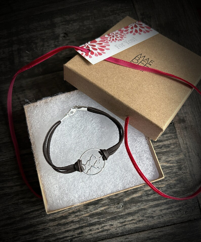 LAST ONE - Sterling Silver Mountain Range Leather Bracelet: Hiker Jewelry