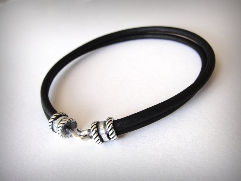 Black Leather Bracelet: Sterling Silver Hook Clasp, Stacking Jewelry