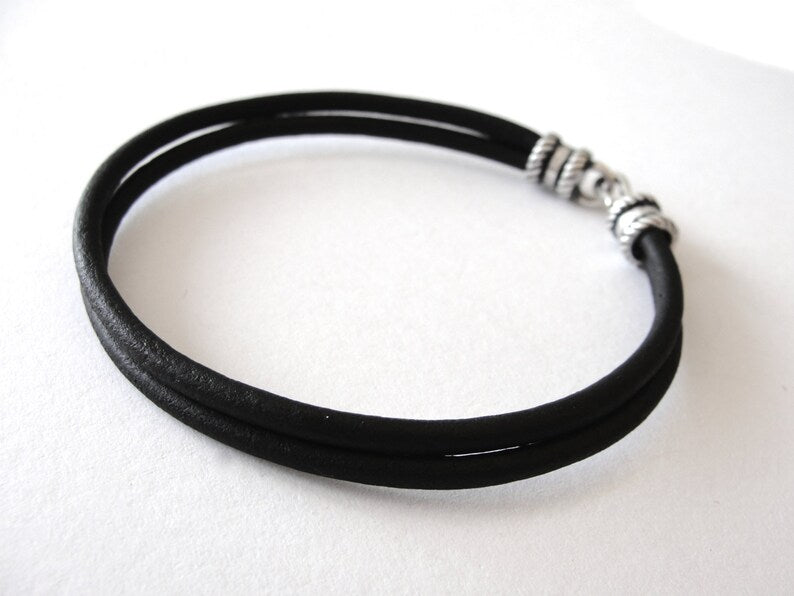 Black Leather Bracelet: Sterling Silver Hook Clasp, Stacking Jewelry