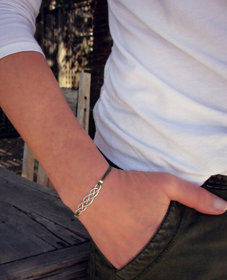 Sterling Silver Celtic Knot Bracelet: Irish Linen Cord Jewelry
