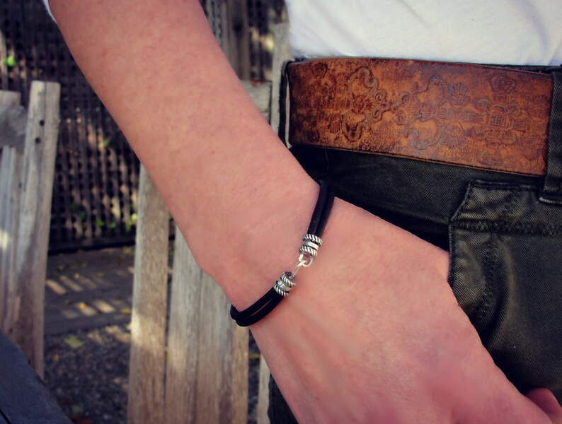 Black Leather Bracelet: Sterling Silver Hook Clasp, Stacking Jewelry
