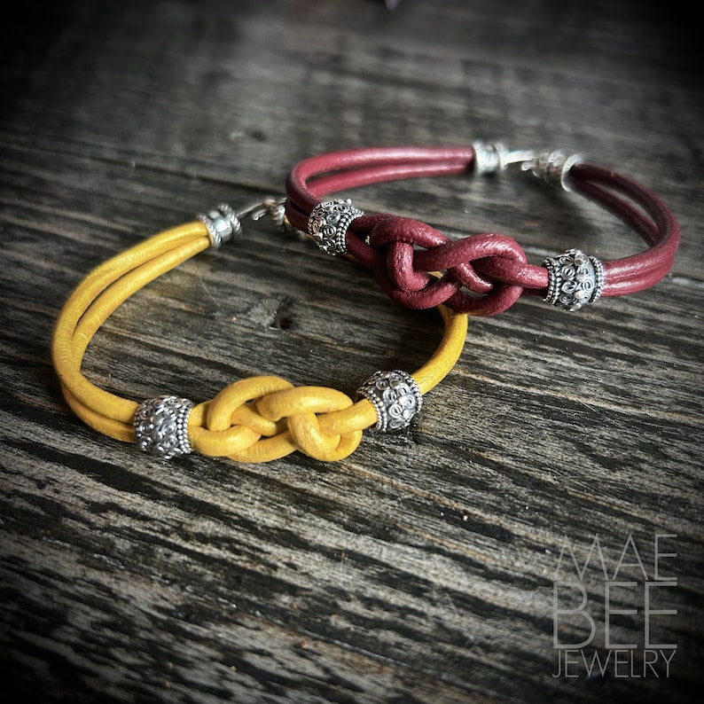 Josephine Knot Leather Bracelet: Sterling Silver Beads, Unisex Jewelry