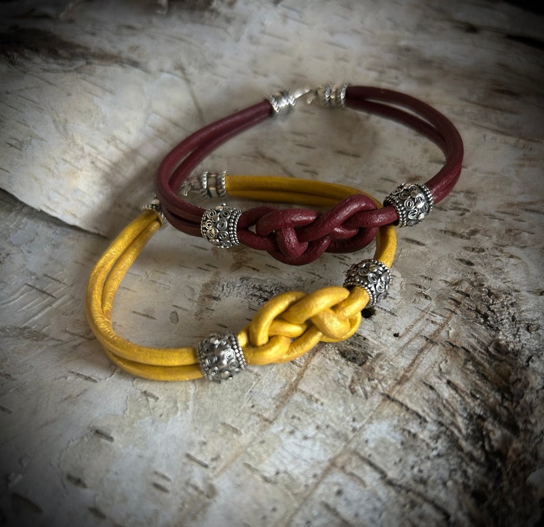 Josephine Knot Leather Bracelet: Sterling Silver Beads, Unisex Jewelry