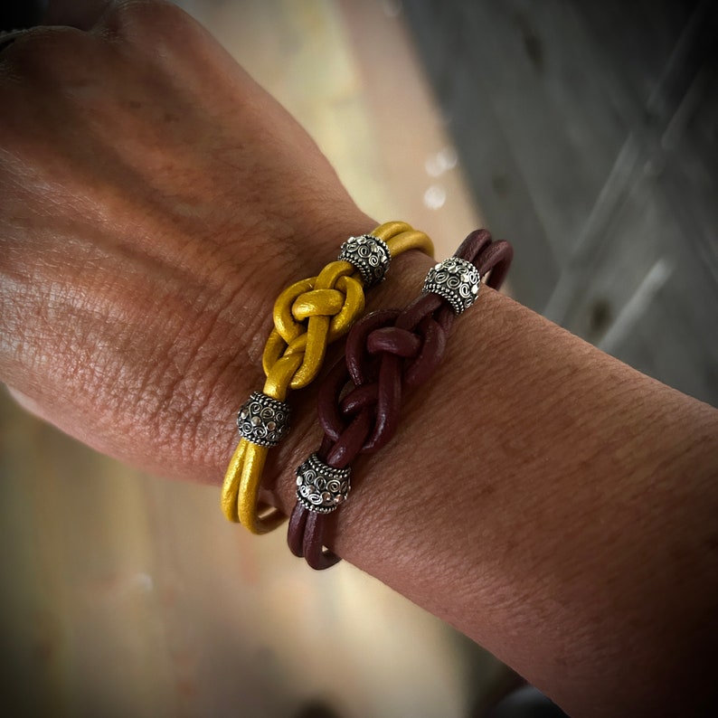 Josephine Knot Leather Bracelet: Sterling Silver Beads, Unisex Jewelry