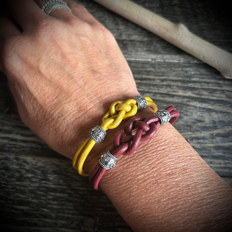 Josephine Knot Leather Bracelet: Sterling Silver Beads, Unisex Jewelry
