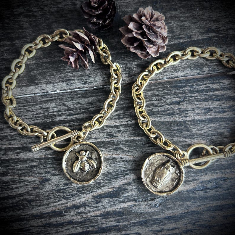 Gold Owl Charm Bracelet: Chunky Chain, USA Plated Jewelry