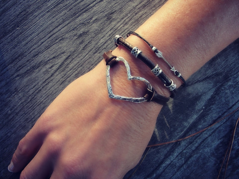 Oxidized Sterling Silver Heart Bracelet: Brown Deerskin Leather