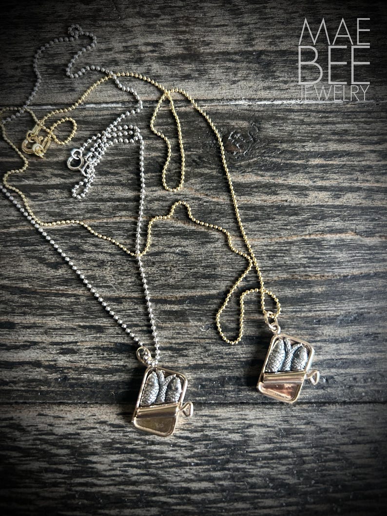 Sterling Silver Sardine Can Necklace: Bronze Fish, Chef Jewelry, Foodie Jewelry