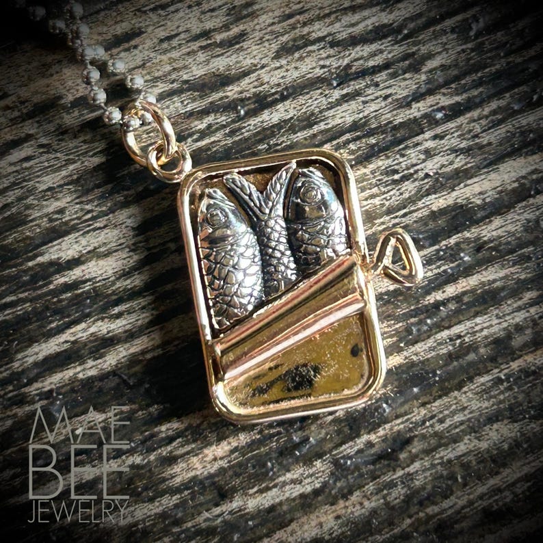 Sterling Silver Sardine Can Necklace: Bronze Fish, Chef Jewelry, Foodie Jewelry